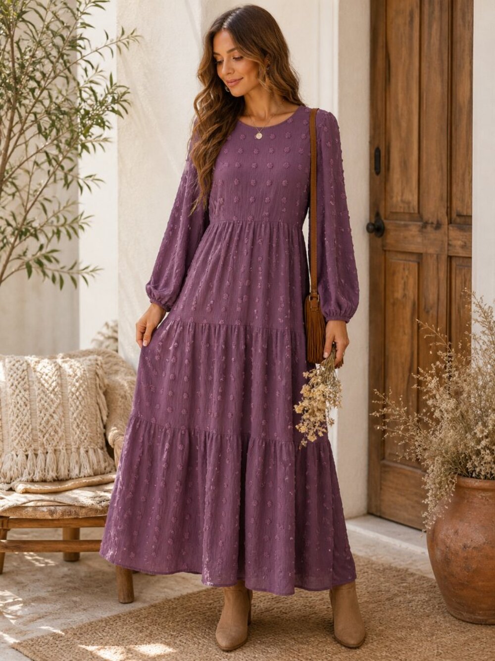 Textured Mauve Tiered Maxi Dress with Long Sleeves